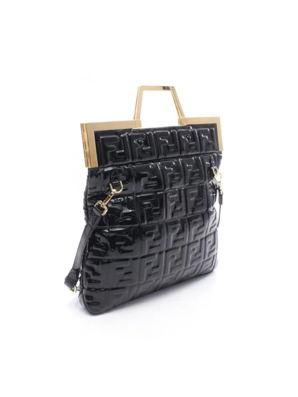 Fendi Tote FF Embossed 2-Way Black Patent Leather Handbag